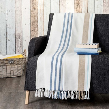 jete de lit en coton doté de rayures bleues et marron