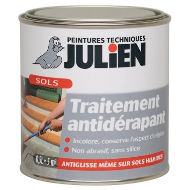 Une peinture Julien traitement antidérapant, escalier, sol carrelage, pierre, métal, bois, incolore satiné, peinture antidérapante Glisspass 0.5 L, 21,50 euros, Julien.