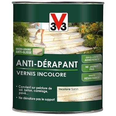 Une peinture V33 antidérapante spéciale sols, ciment, béton, carrelage, pavé, pierre, intérieur ou extérieur, incolore satiné, vernis antidérapant 2.5L, 63,50 euros, V33.