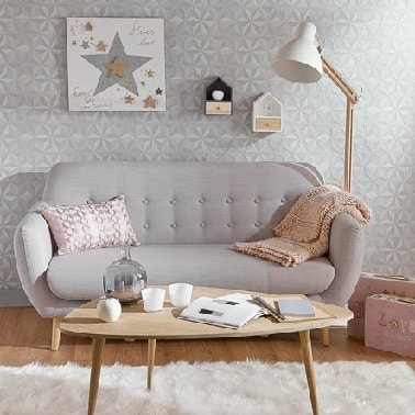 Un petit et joli canapé gris clair pour un salon déco cocooning.