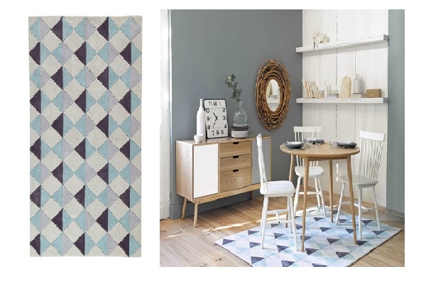 Des motifs géométriques ambiance seventies sur un tapis Maisons du Monde.
