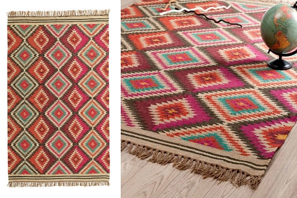 Ambiance ethnique sur les motifs de ce tapis colorés Maisons du Monde.