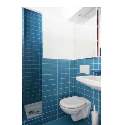 Pour compenser le manque de place dans une petite salle de bain, du carrelage bleu posé en soubassement avec une peinture blanche sur le haut des murs qui éclaire avantageusement la salle de bain