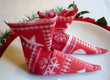 Ce pliage de serviette est idéal pour égayer une table de Noël enfant. Economique il est fait avec des serviettes en papier coloré aux motifs rouge et blanc