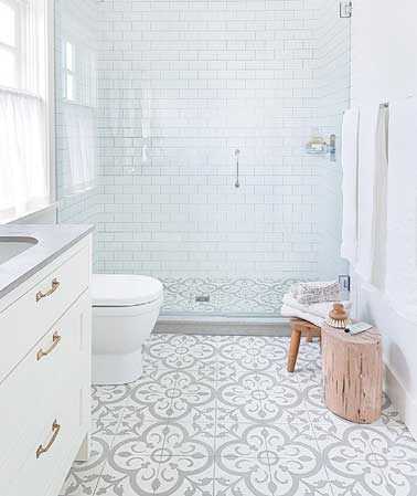 Une déco contemporaine réalisée avec des carreaux de ciments aux motifs traditionnels. Receveur de douche et vasque de lavabo vasque pierre grise.