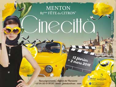 Du 13 février au 2 mars 2016 , venez découvrir la 83ème édition de la fête du citron à Menton avec le thème de Cinecittà. Au programme : feux d’artifices, de nombreuses animations et représentations, et des expositions nocturnes féériques. Un rendez-vous incontournable, à ne surtout pas manquer!