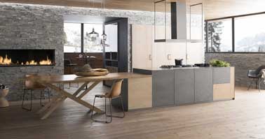 Cuisine à l’allure sophistiquée pour ce bel ensemble en matière noble et bois précieux, ouvert sur le salon. Chêne à noeuds, laque finition béton. Ensemble Perenne.