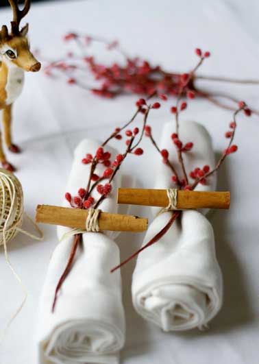 Esprit déco forêt enchantée pour ce pliage de serviette craquant. Facile à faire avec du houx artificiel, de la ficelle alimentaire et des bâtons de cannelle
