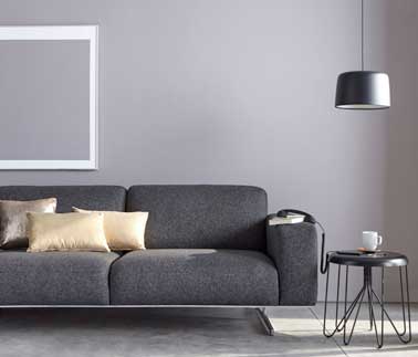 Camaïeux de gris dans le salon moderne. Couleur de peinture gris perle des murs, canapé de salon design gris anthracite et détails déco graphique noir mat.