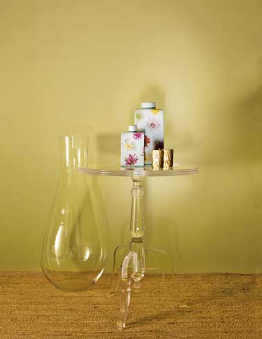 Belle déco d’entrée avec une peinture murale couleur vert clair. Ce ton pétillant joue les effets de lumière avec la table basse en plexiglas et un vase en verre