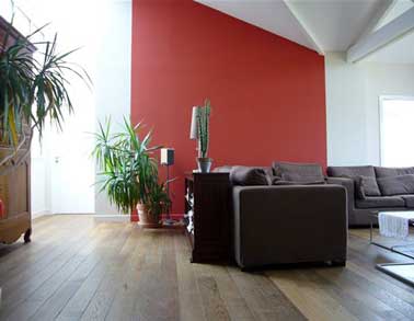 Une peinture de salon design rouge vive donne du tonus aux murs de la pièce. Beau contraste avec le canapé d'angle en cuir chocolat et le parquet en bois brut