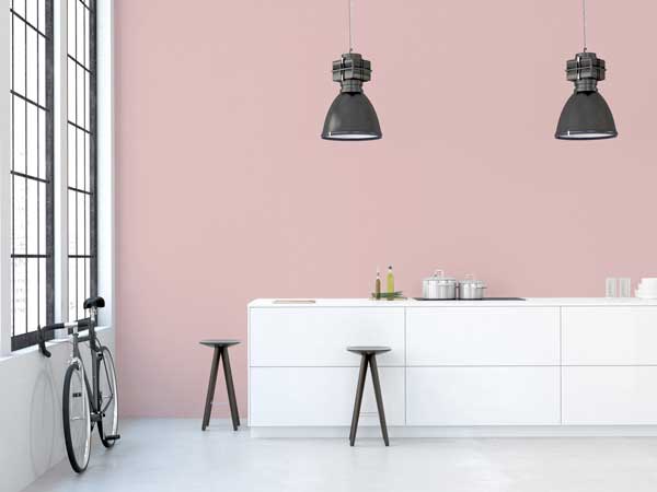 La peinture rose poudre sublime le mur d'une cuisine américaine blanche. La couleur pastel réchauffe en douceur la déco industrielle dans cette grande pièce 
