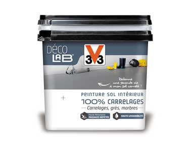 La gamme de peinture sol carrelage Déco Lab V33 est disponible en 10 nuances de couleurs sobres et 3 teintes métallisées pour décorer tous les sols de la maison