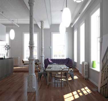 Peinture gris perle lumineuse sur murs et boiseries de ce salon indus avec canapé violet. Belle harmonie avec l'îlot de cuisine, la table de salon et les boiseries grises 