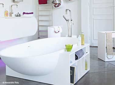 Parfaite cette baignoire gain de place pour bien ranger sa petite salle de bain. Placée au centre de la pièce, elle dispose d'une mini bibliothèque intégrée