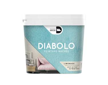 La peinture à effet nacrée Diabolo s'applique en une seule couche sur tous les murs de la maison. Disponible en 10 couleurs déclinées en 5 harmonies rouge,vert, bleu, rose, jaune. Maison Déco