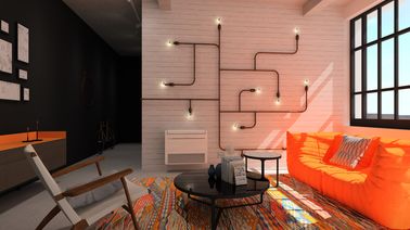Ce climatiseur Mitsubishi design est intégré à un luminaire fabriqué en tuyaux de cuivre et fixé sur un mur en briques peintes pour un effet déco du tonnerre.