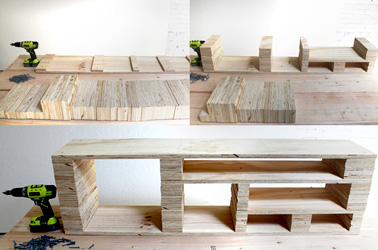On se met au bricolage et on réalise un meuble télé avec des planches de bois coupées et assemblées pour une déco unique et originale du salon. Pratique et pas cher ! 