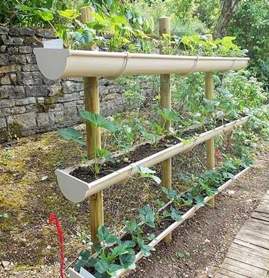 Un jardin potager pour décorer l’allée du jardin est fabriqué à l’aide de trois gouttières en plastiques percées et fixées sur des piquets. Parfait pour planter radis et fraisiers