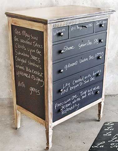 Un meuble en bois relooké avec une peinture tableau noir peinte sur les tiroirs et les panneaux. A refaire pour sublimer une entrée ou une commode dans une chambre