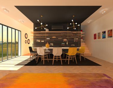 Une salle à manger bien délimitée avec un climatiseur noir Ici, le climatiseur est camouflé sur un fond peint de la même couleur. On le distingue à peine, mais sa brillance nous rappelle qu'il est bien là pour s'occuper de nous.