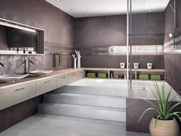 Plan de toilette stratifié chêne clair, double vasque design et miroir sur mesure avec éclairage led intégré s’harmonisent dans cette salle de bain zen et graphique 