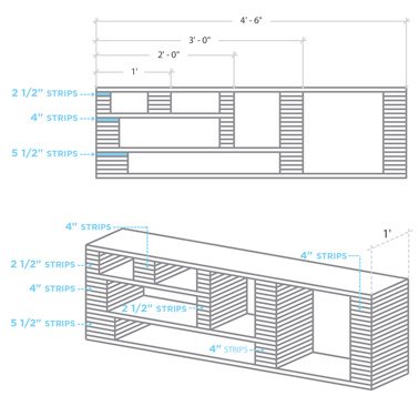 Réalisez un meuble télé hyper original avec des simples planches de bois découpées en multiples plaquettes de tailles différentes ! Un meuble fait sur mesure pour la déco du salon.  