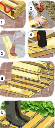 Aménager le jardin avec une allée de jardin amovible en palette réalisé avec des planches, des fils de fer galvanisé et des cavaliers pour fixer les planches aux fils.
