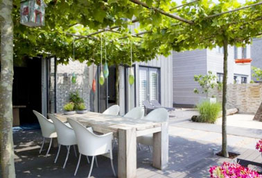 La terrasse s'abrite grâce à un toit original composé de vignes vierges, un aménagement idéal pour obtenir de l'ombre, créer un espace intime et profiter des repas dans le jardin 
