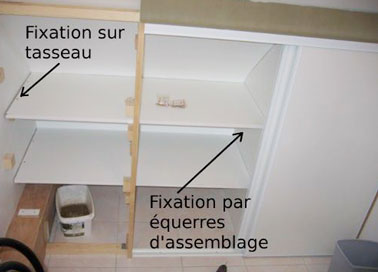 Deux manières de fixer les étagères d’un dressing sous pente, soit par des des équerres d’assemblages ou des tasseaux de bois qui sont eux-mêmes fixés par des chevilles.