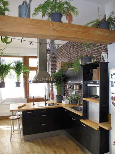 Voilà une cuisine noire qui ne manque pas de classe avec son plan de travail en bois, un parquet flottant et des plantes qui apportent de la couleur à la déco 