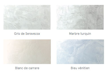 Des murs en stuc avec ce nuancier quatre couleurs Marbre Turquin, Bleu vénitien, Gris de Seravezza et Blanc de Carrare pour une déco chic dans la salle de bain, le salon ou l'entrée