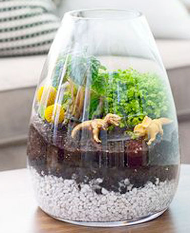 Un terrarium déco en bocal avec un jardin enfantin Un terrarium en verre avec un paysage de plantes plus enfantin pour attirer l'oeil. Un objet déco original, avec des dinosaures, une forêt amazonienne qui plaira autant à l’enfant qu’à l’adulte.