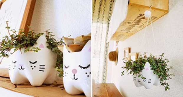 Découvrez 4 DIY déco pour réaliser des pots de fleurs en transformant de simples bouteilles plastique de récup peintes et décorées de motifs rigolos