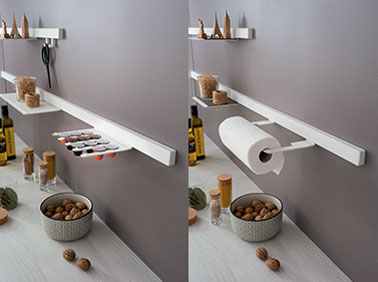 La crédence se fait pratique dans la cuisine et accueille l'essuie-tout ou encore les capsules de café pour une organisation et un rangement au top du top !
