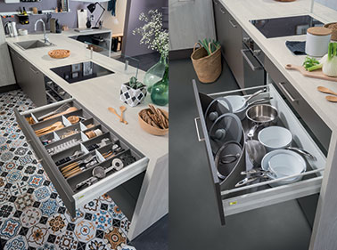 Le rangement fait mouche dans les tiroirs de la cuisine grâce à une solution de cloisonnement flexible et un range-couvert avec séparateurs amovibles ! Pratique !