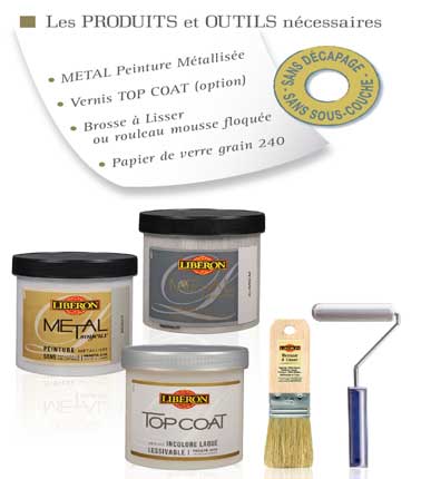 Pour patiner un meuble avec un effet métal avec un fini verni, pot de peinture métalisé effet soyeux ou poudré et pot vernis Top Coat 