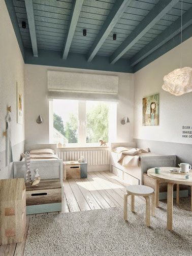 Voilà une chambre d'enfant qui favorisera les jolis rêves avec un mariage de couleurs pastel et naturelles soulignées par un beau plafond peint en vert ! 