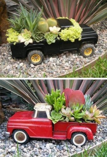 Vieux jouets réutilisés en pots de cactus et succulentes