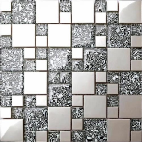 Carrelage mosaïque en verre et acier inoxydable. Gris, Argent.