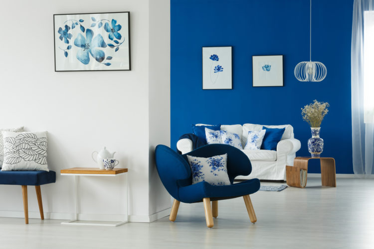 espace salon délimité par un mur de couleur bleue