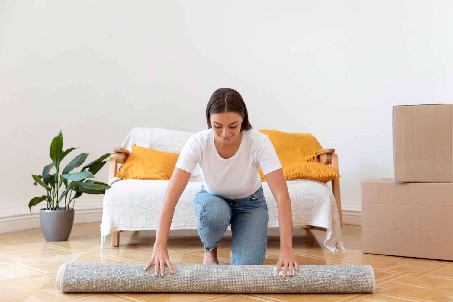 femme déroule tapis
